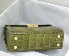 Women Shiny Himalaya Olive Green Beaded Crocodile Leather Top Handle Satchel Bag