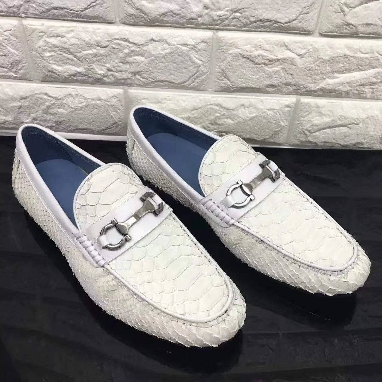 Crocodile Shoes Women's Silver Buckle Python Leather Casual Dress Slip-On Loafer Shoes