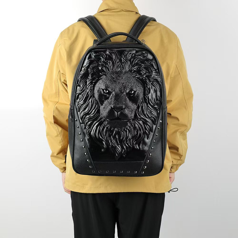 3D Leather Backpack 3D Lion Head Modeling outdoor Backpack Travel Computer Bags Large