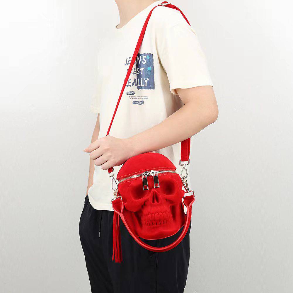 Unisex 3D Bags Red Suede Skull Cross Body Shoulder Bag Mini Handle Handbags