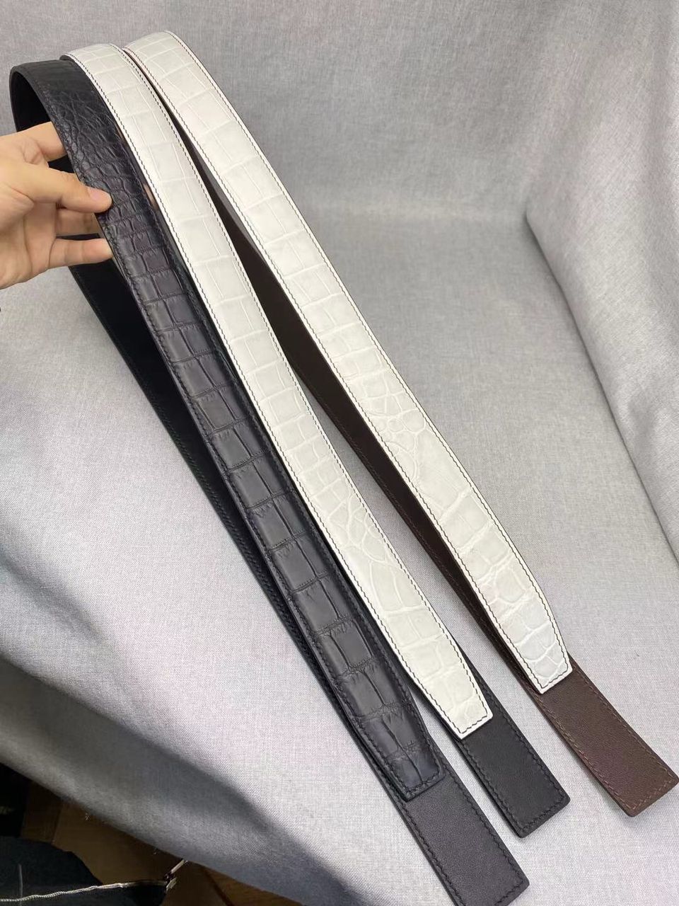 Preorder Nubuck Crocodile Skin Leather Belts Dark Blue