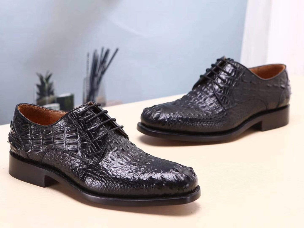 Crocodile Shoes Black Mens Shoes  Crocodile Leather Cap Toe Lace Ups - Men's Dress Shoe,Goodyear Sole