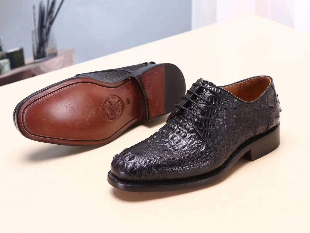 Crocodile Shoes Black Mens Shoes  Crocodile Leather Cap Toe Lace Ups - Men's Dress Shoe,Goodyear Sole