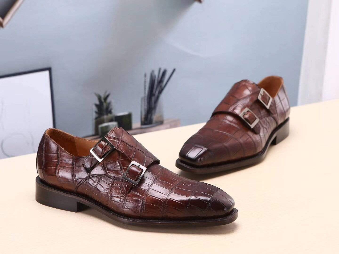 Crocodile Shoes Brown Mens Shoes  Crocodile Belly Leather Monk Double Strap Dress Shoes,Goodyear Sole