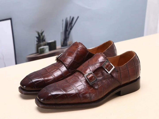 Crocodile Shoes Brown Mens Shoes  Crocodile Belly Leather Monk Double Strap Dress Shoes,Goodyear Sole