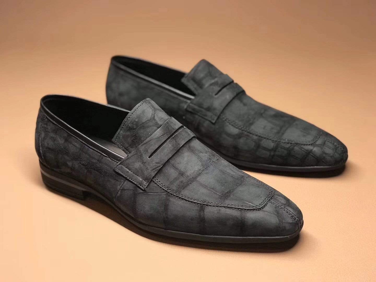 Crocodile Shoes Classic Sanded Genuine Crocodile Leather Slip On loafers driving shoes Grey