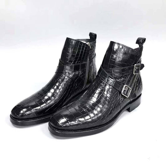 Crocodile Shoes Men's Crocodile Leather  Double  Criss- Cross Buckle Side Zip Boots