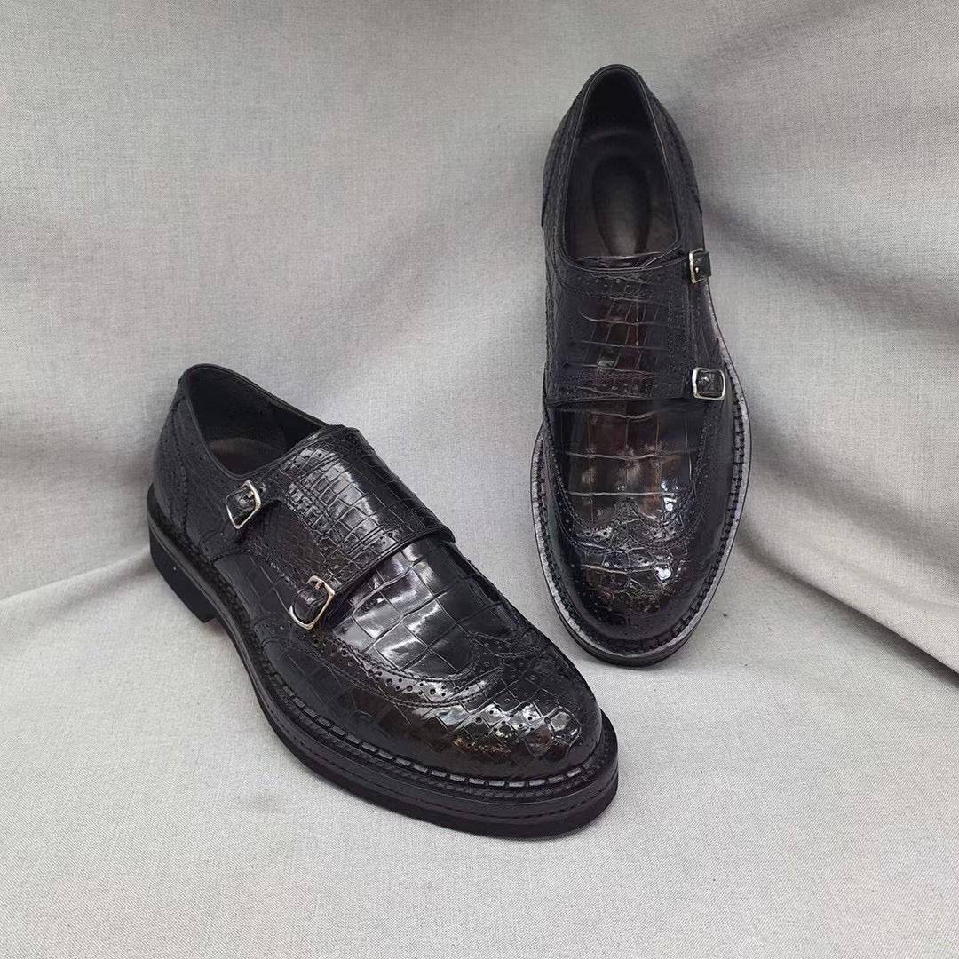 Crocodile Shoes Men's Crocodile Leather Brogue Lace-Up Shoes Black