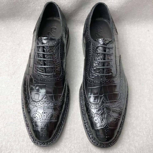 Crocodile Shoes Men's Crocodile Leather Brogue Norwegian Stitch  Lace-Up Business Shoes