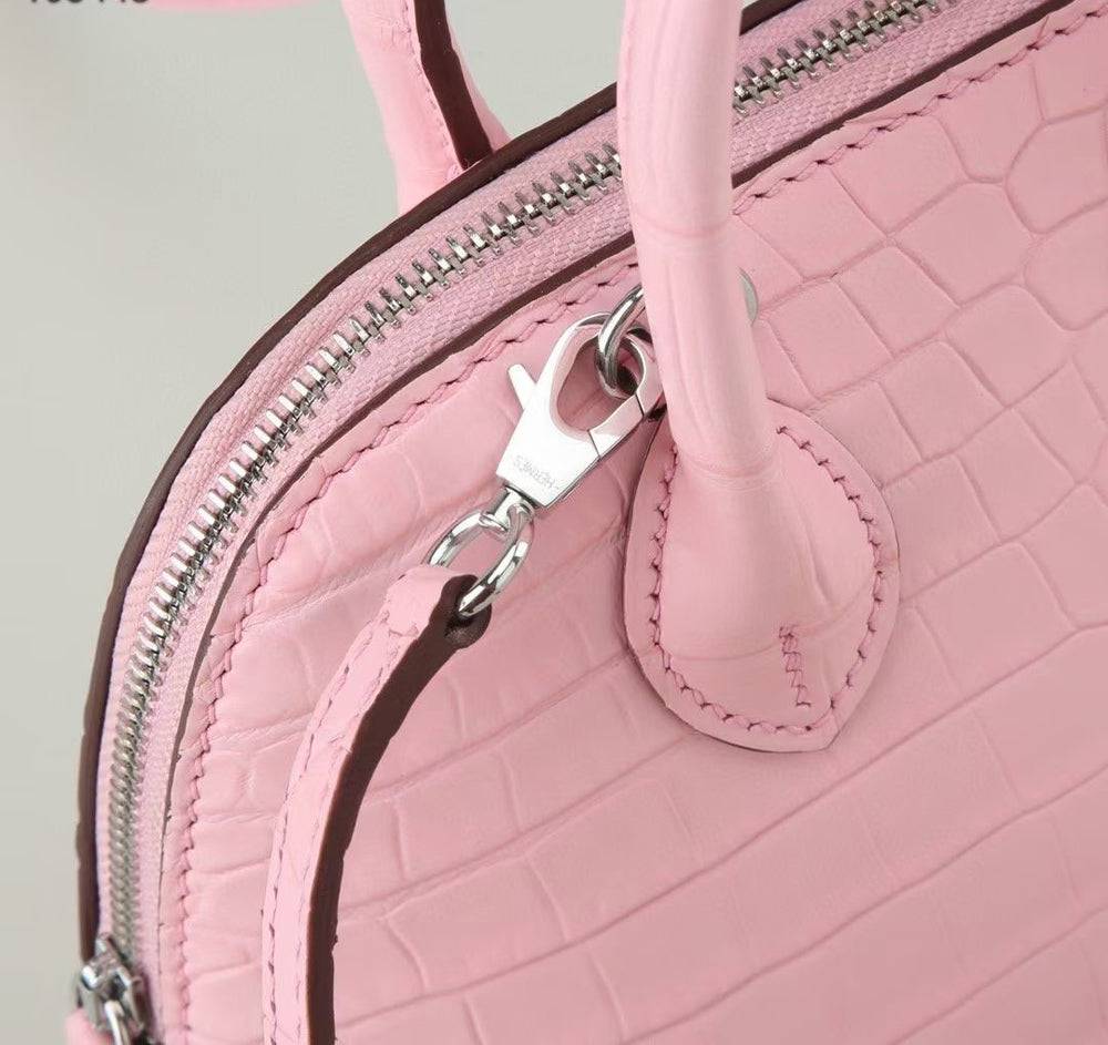 Womens Genuine Crocodile Leather Small Shell Promennade Trapezoid Cross Body Bag Pink