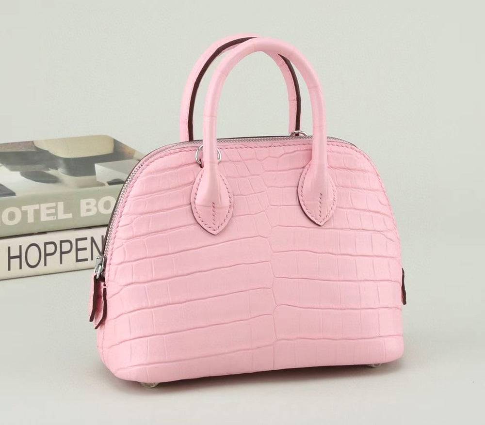 Womens Genuine Crocodile Leather Small Shell Promennade Trapezoid Cross Body Bag Pink