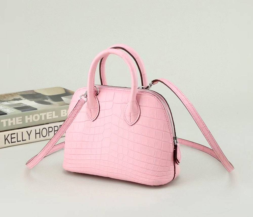 Womens Genuine Crocodile Leather Small Shell Promennade Trapezoid Cross Body Bag Pink