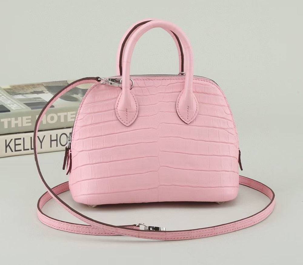 Womens Genuine Crocodile Leather Small Shell Promennade Trapezoid Cross Body Bag Pink