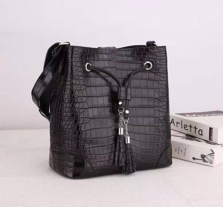 Unisex Crocodile Leather Drawstring Bucket Shoulder Purse Crossbody Bag,Large Capacity