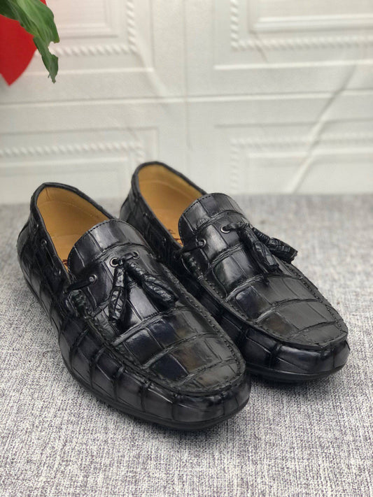 Crocodile Shoes Crocodile  Leather Shoes Mens Slip-On Driving Loafer Shoes With Tassle Vintage Dark Grey