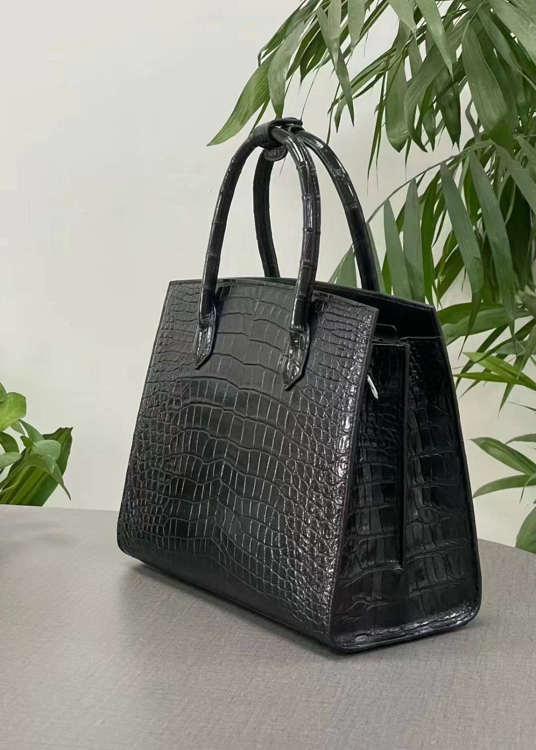 Crocodile Leather Top Handle Bag Black