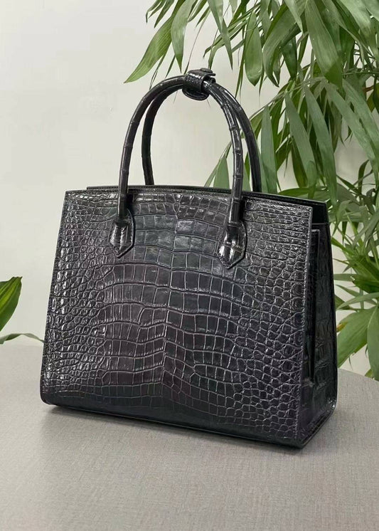 Crocodile Leather Top Handle Bag Black