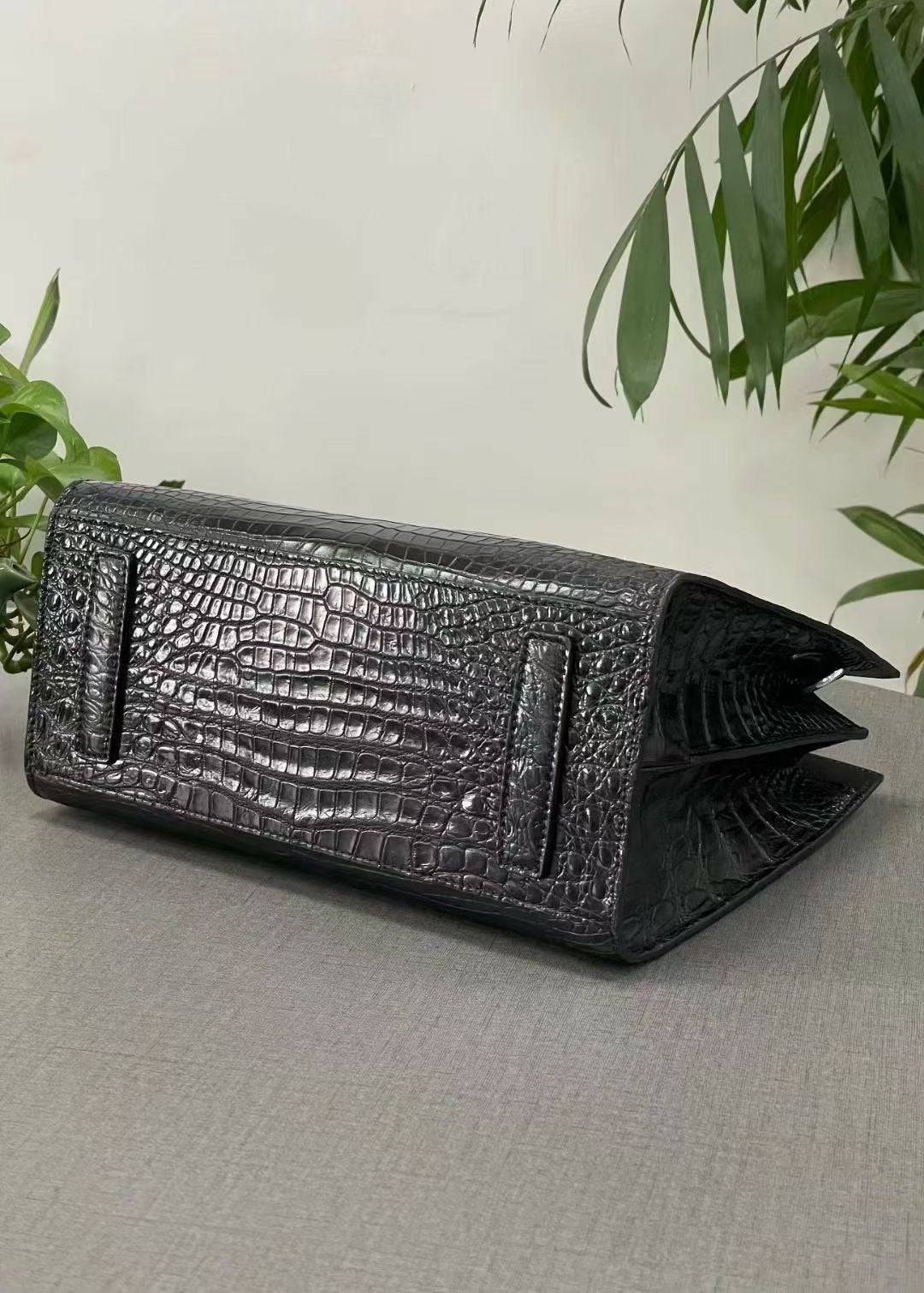 Crocodile Leather Top Handle Bag Black