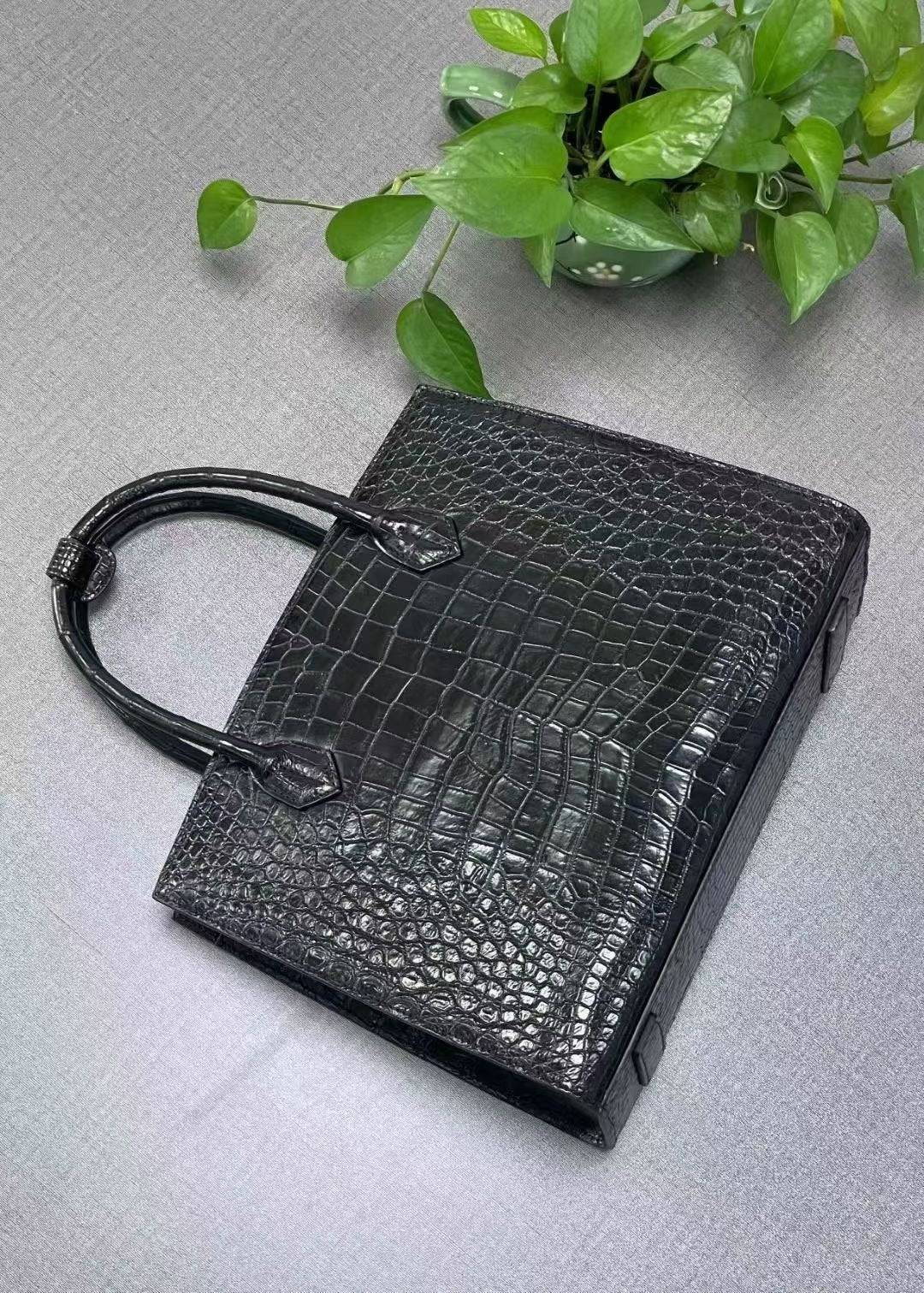 Crocodile Leather Top Handle Bag Black