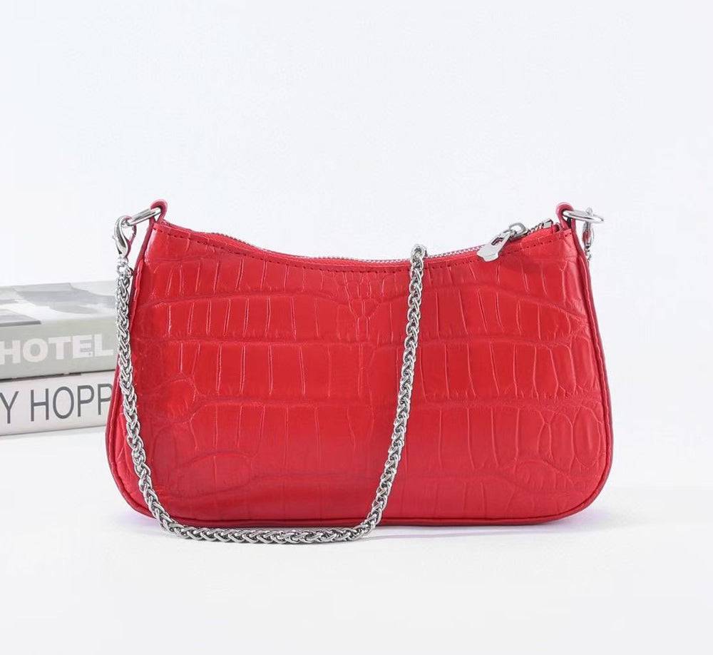 Crocodile Leather Underarm With Chain Shoulder Strap Bag Red