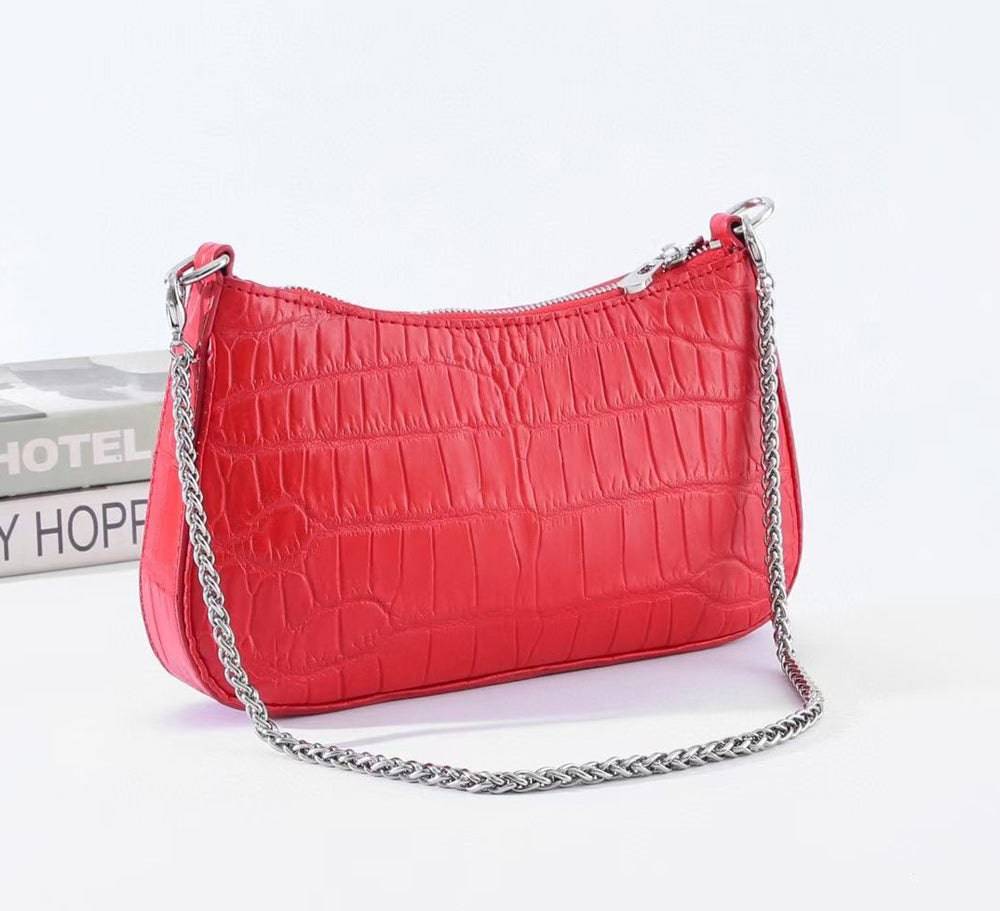 Crocodile Leather Underarm With Chain Shoulder Strap Bag Red