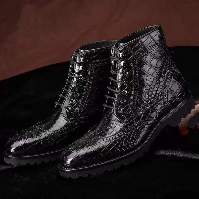 Crocodile Shoes Crocodile Leather Wingtip Lace Up Boots Black