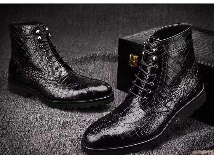 Crocodile Shoes Crocodile Leather Wingtip Lace Up Boots Black