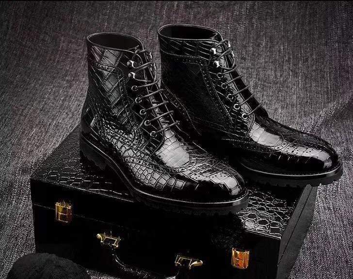 Crocodile Shoes Crocodile Leather Wingtip Lace Up Boots Black