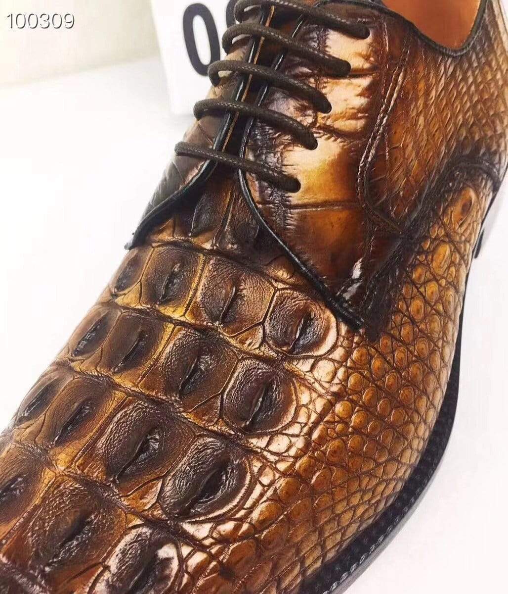 Crocodile Shoes Mens Dress Shoes, Modern Classic Round -Pointed toe crocodile bone leather Lace-up Casual Business Shoes