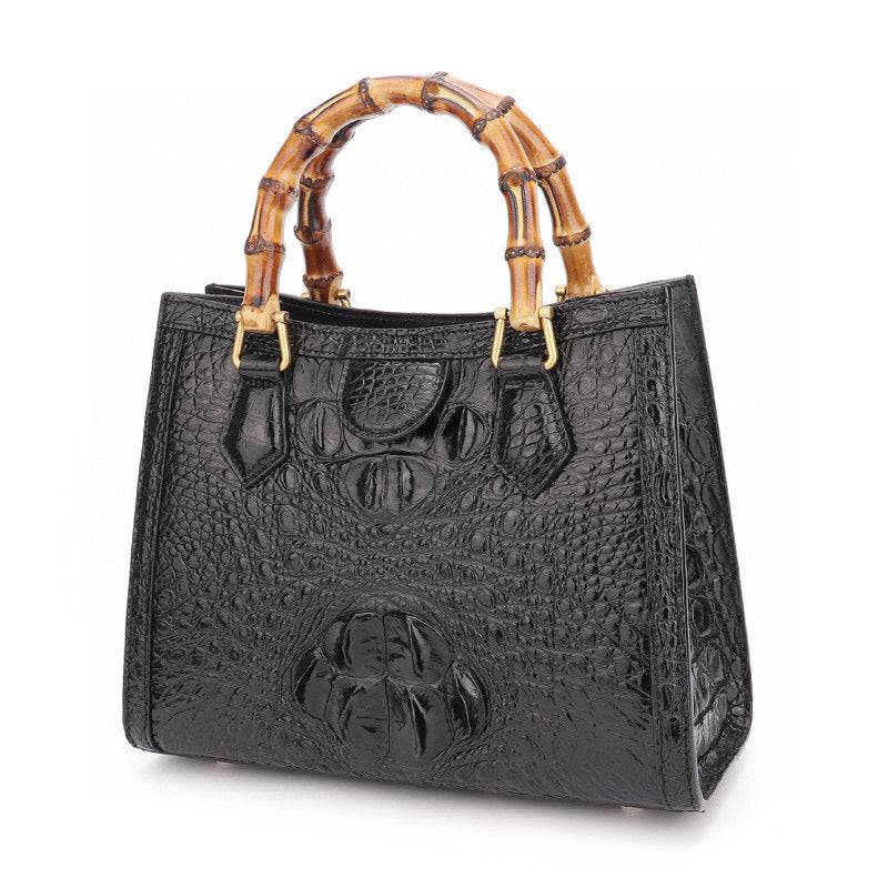 Crocodile Skin Leather Bamboo Top Handle Bag