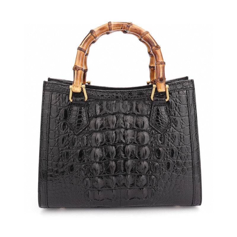 Crocodile Skin Leather Bamboo Top Handle Bag