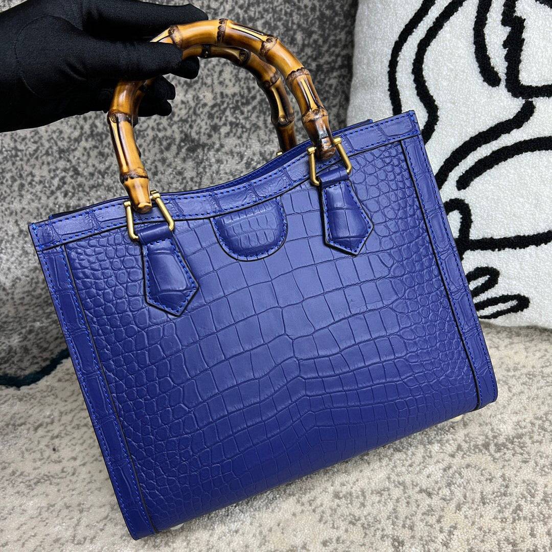 Crocodile Skin Leather Shoulder Crossbody Bag With Bamboo Handle Blue