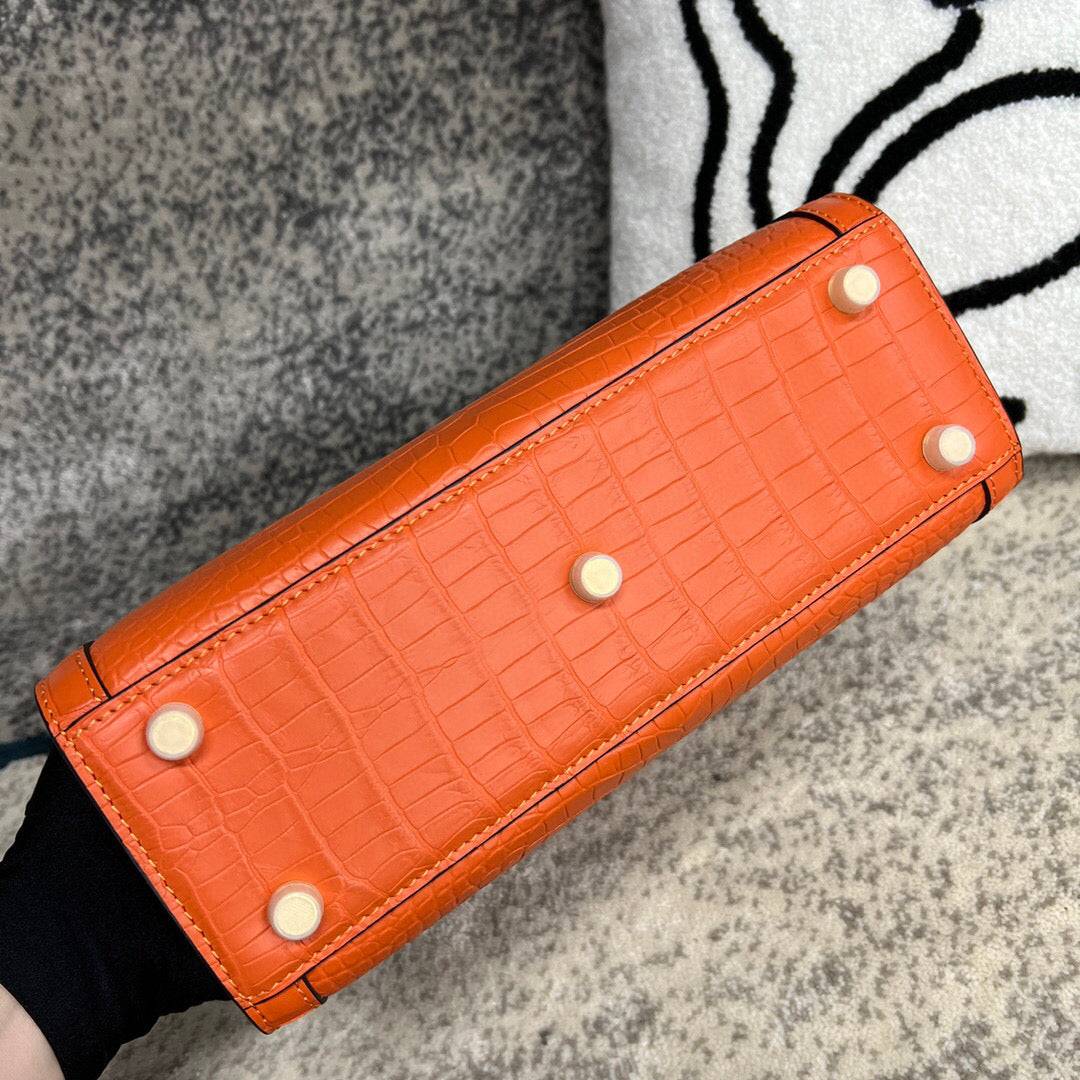 Crocodile Skin Leather Shoulder Crossbody Bag With Bamboo Handle Orange