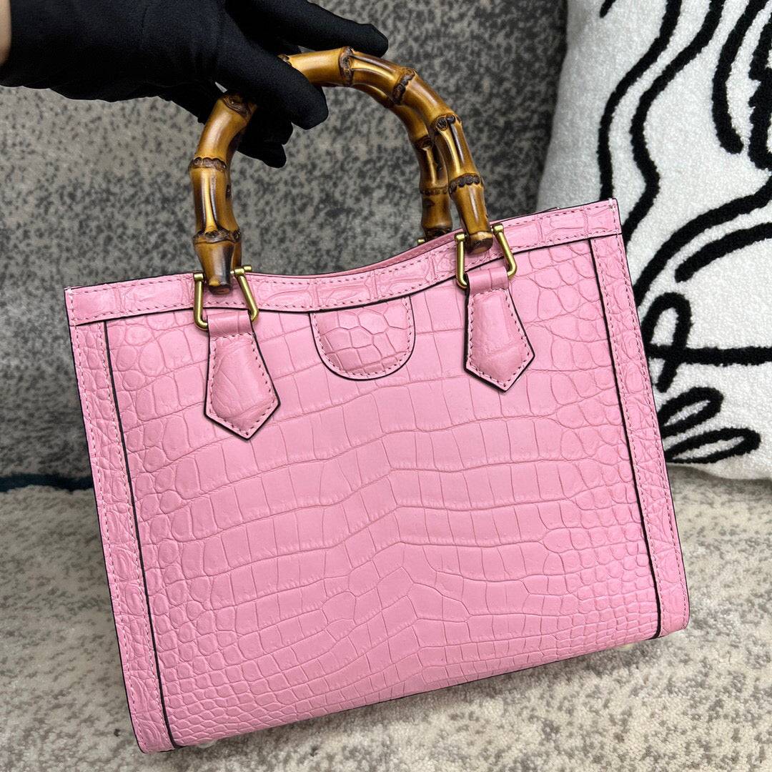 Crocodile Skin Leather Shoulder Crossbody Bag With Bamboo Handle Pink