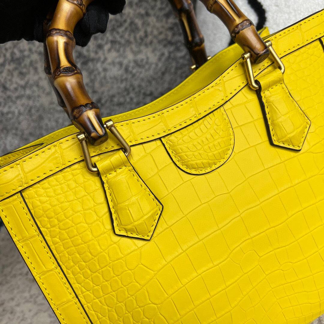 Crocodile Skin Leather Shoulder Crossbody Bag With Bamboo Handle Yellow