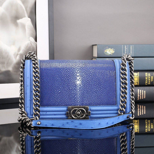 GenuinePearl Stingray Skin Leather Flap Purse Cross Body Shoulder Bag Blue