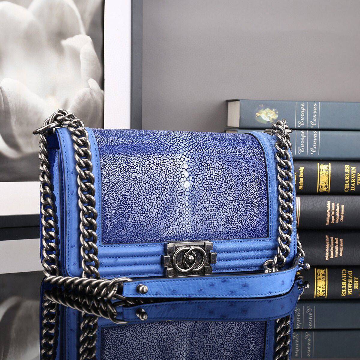 GenuinePearl Stingray Skin Leather Flap Purse Cross Body Shoulder Bag Blue