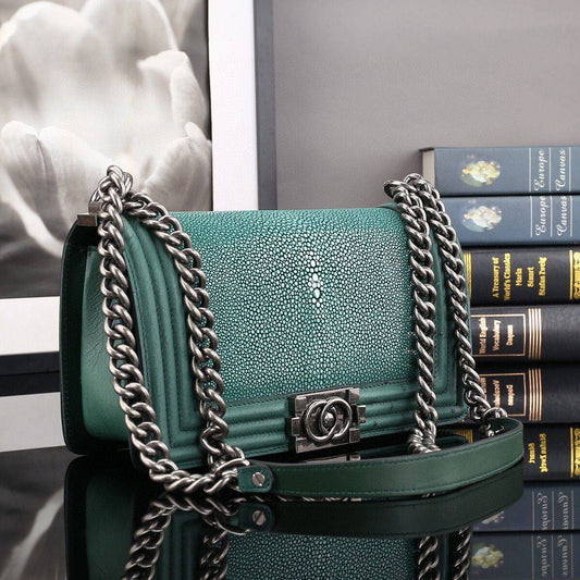 GenuinePearl Stingray Skin Leather Flap Purse Cross Body Shoulder Bag Green