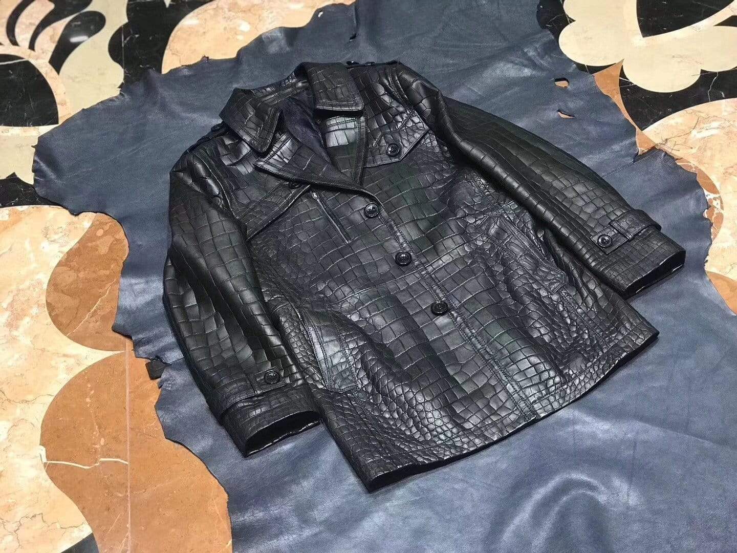 Exotic Crocodile Skin  Black Long Windbreaker With Zip  for Men