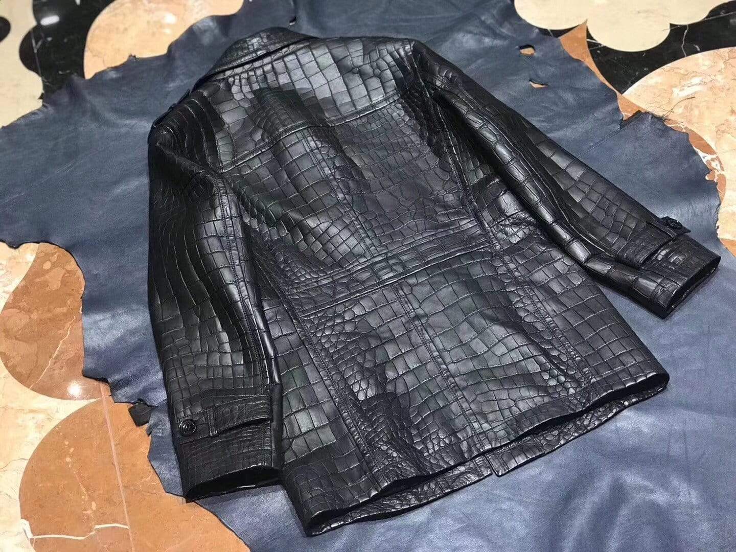 Exotic Crocodile Skin  Black Long Windbreaker With Zip  for Men