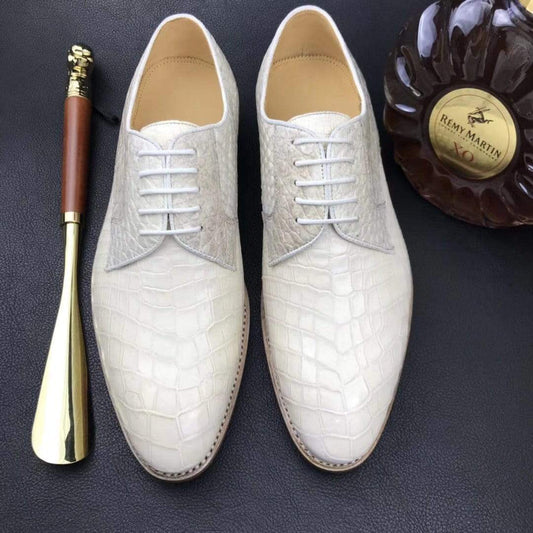 Crocodile Shoes Mens  Genuine Crocodile Leather  Lace Up Shoe White