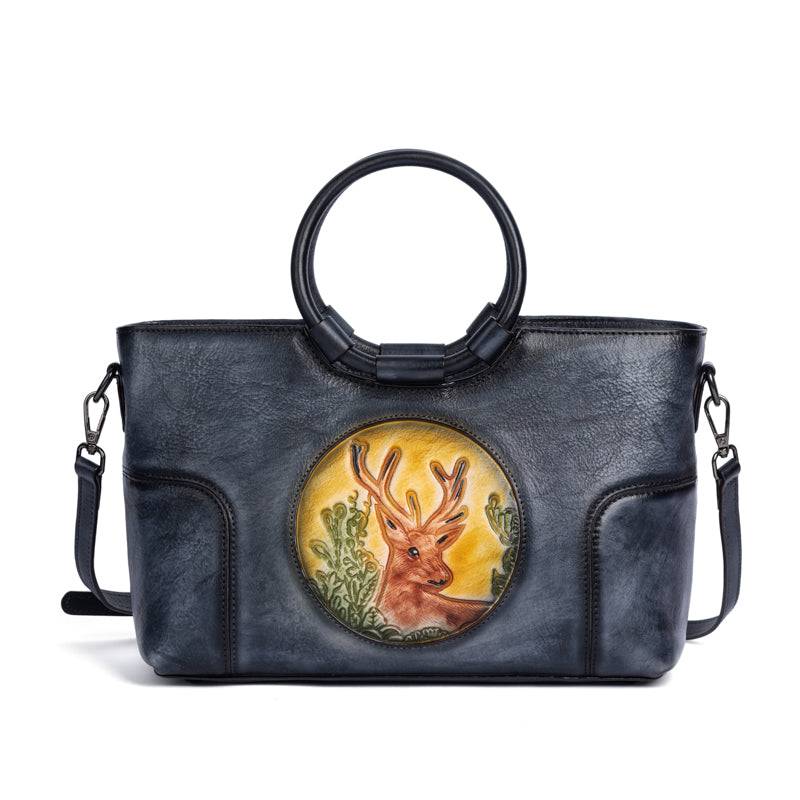 Fashion Large Capacity Round Handle Vintage Leather Shoulder Tote Bag