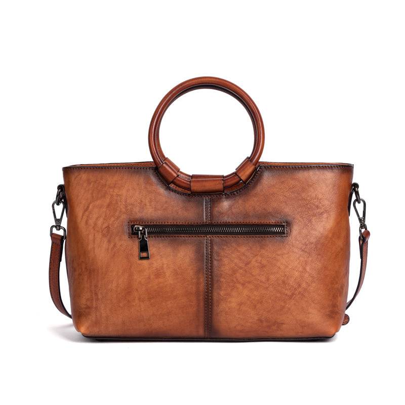 Fashion Large Capacity Round Handle Vintage Leather Shoulder Tote Bag