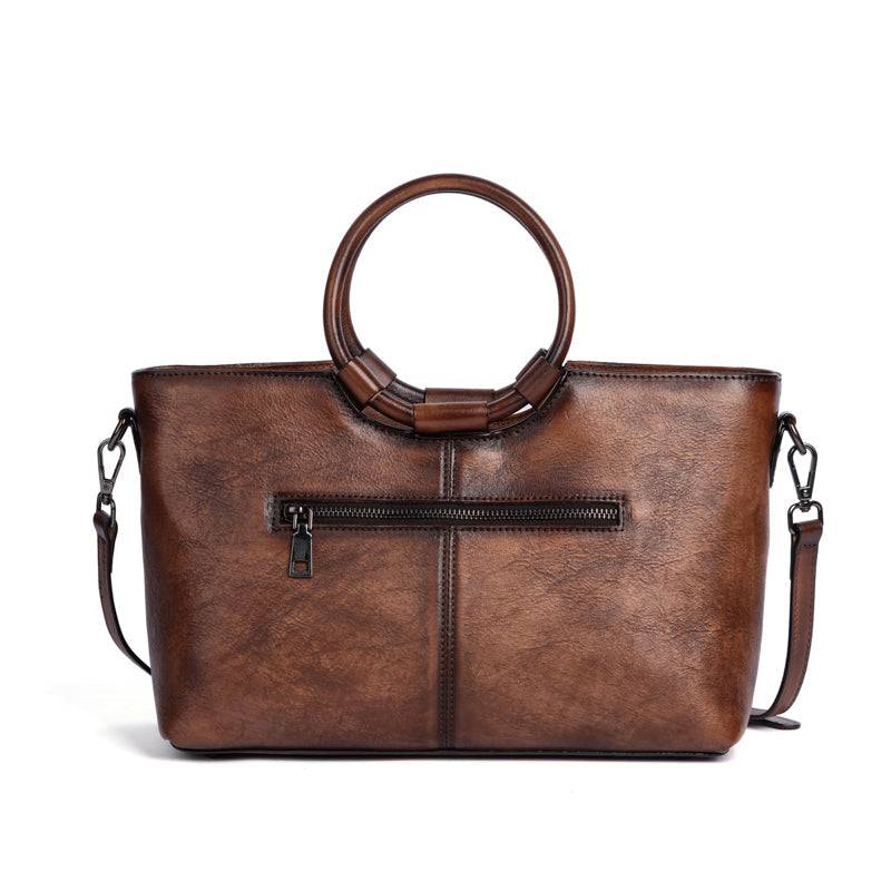 Fashion Large Capacity Round Handle Vintage Leather Shoulder Tote Bag