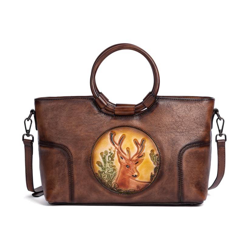 Fashion Large Capacity Round Handle Vintage Leather Shoulder Tote Bag