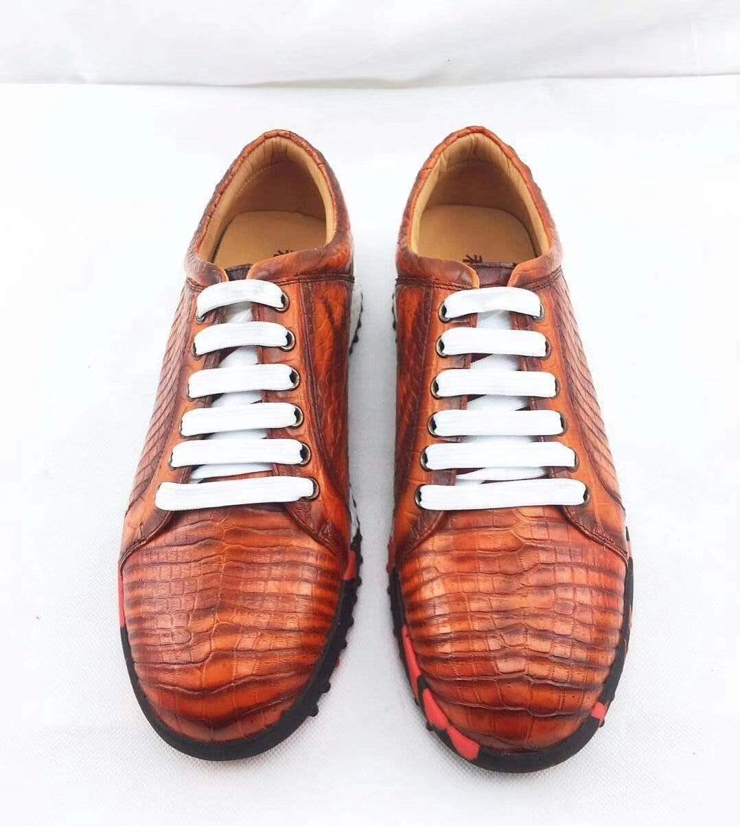 Crocodile Shoes Fashion Men's Low-Top Casual Sneakers  In Orange Crocodile Leather