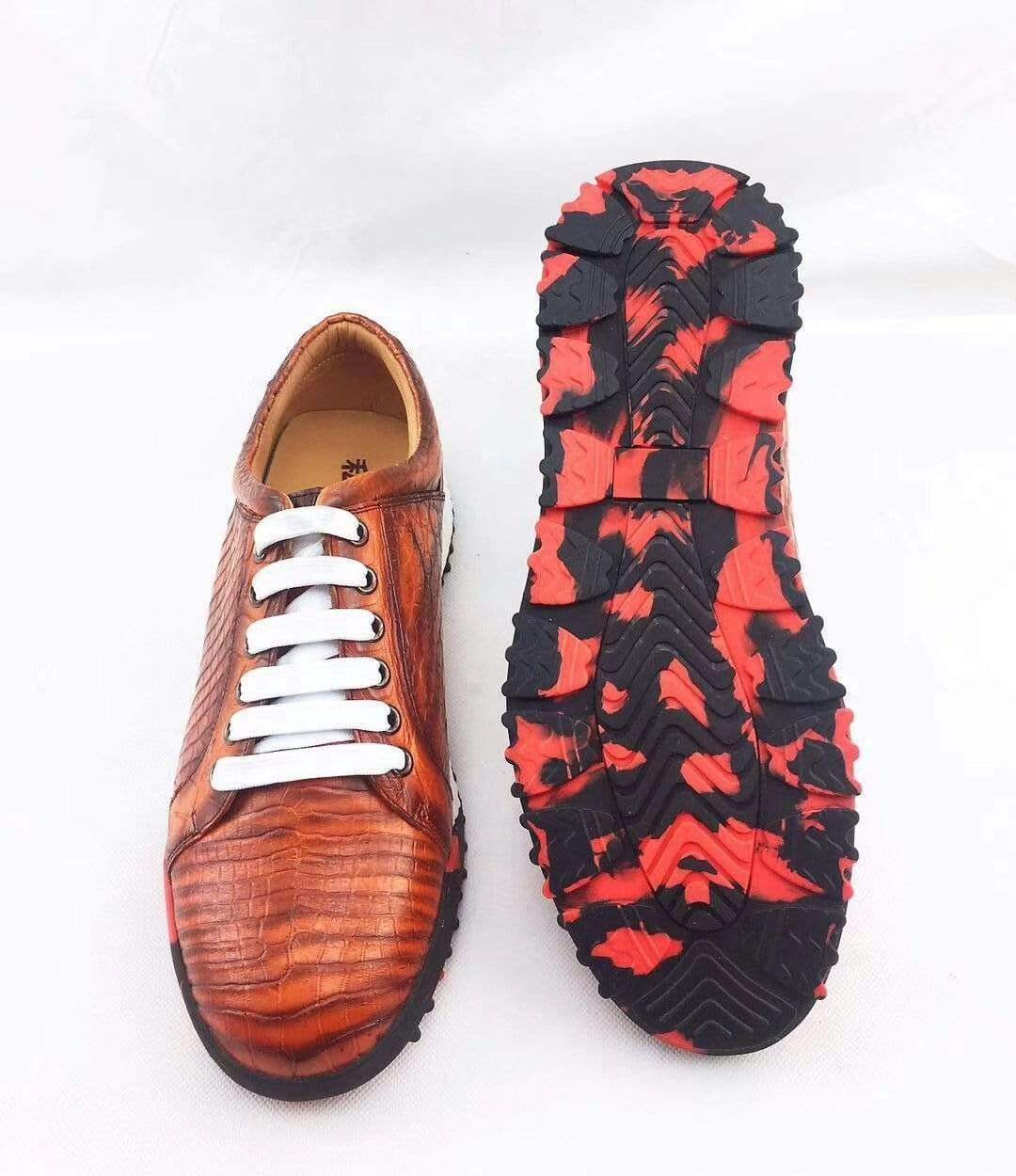 Crocodile Shoes Fashion Men's Low-Top Casual Sneakers  In Orange Crocodile Leather