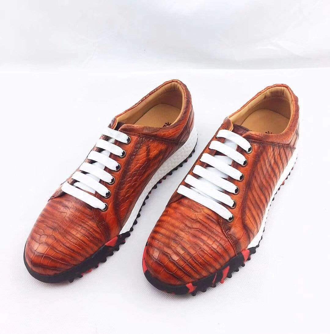 Crocodile Shoes Fashion Men's Low-Top Casual Sneakers  In Orange Crocodile Leather