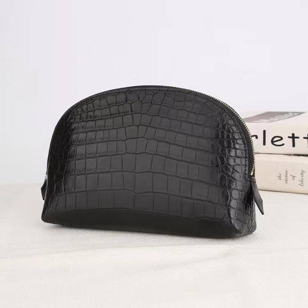 Genuine Croc Leather Cosmetic Pouch Moon Bag - Black