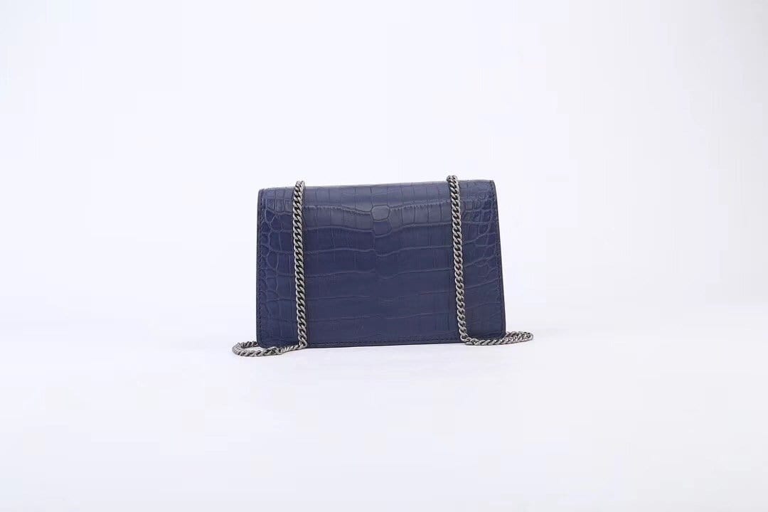 Genuine Crocodile Belly Leather Flap Cross body Messenger Mini Chain Bag Dark Blue